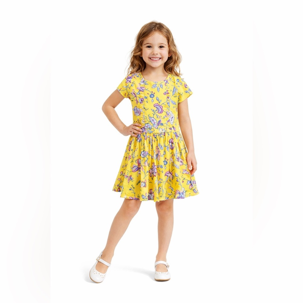 Janie and Jack Girls Yellow Floral Ruffle Dress Size 6 Purple Flowers
